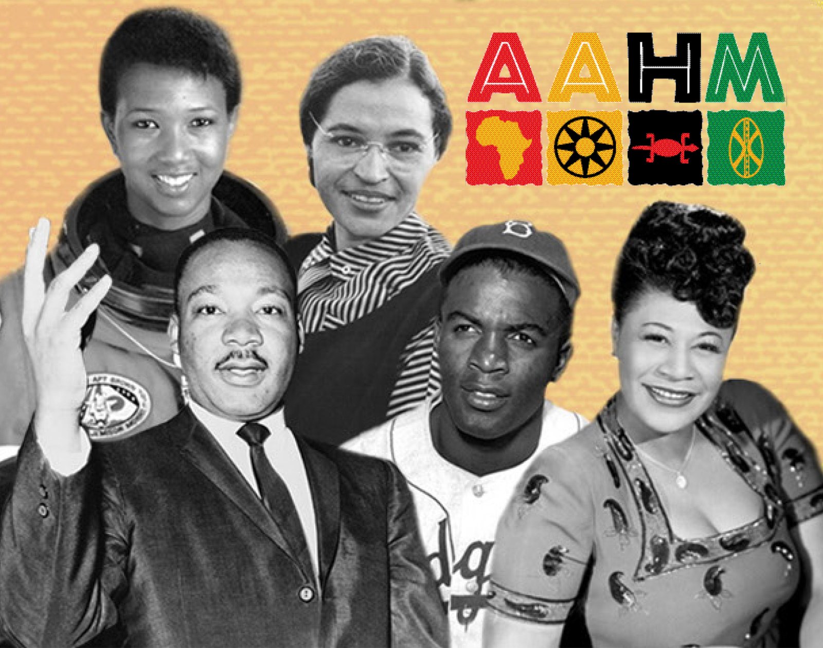 African-American History Month logo with photos of famous African Americans