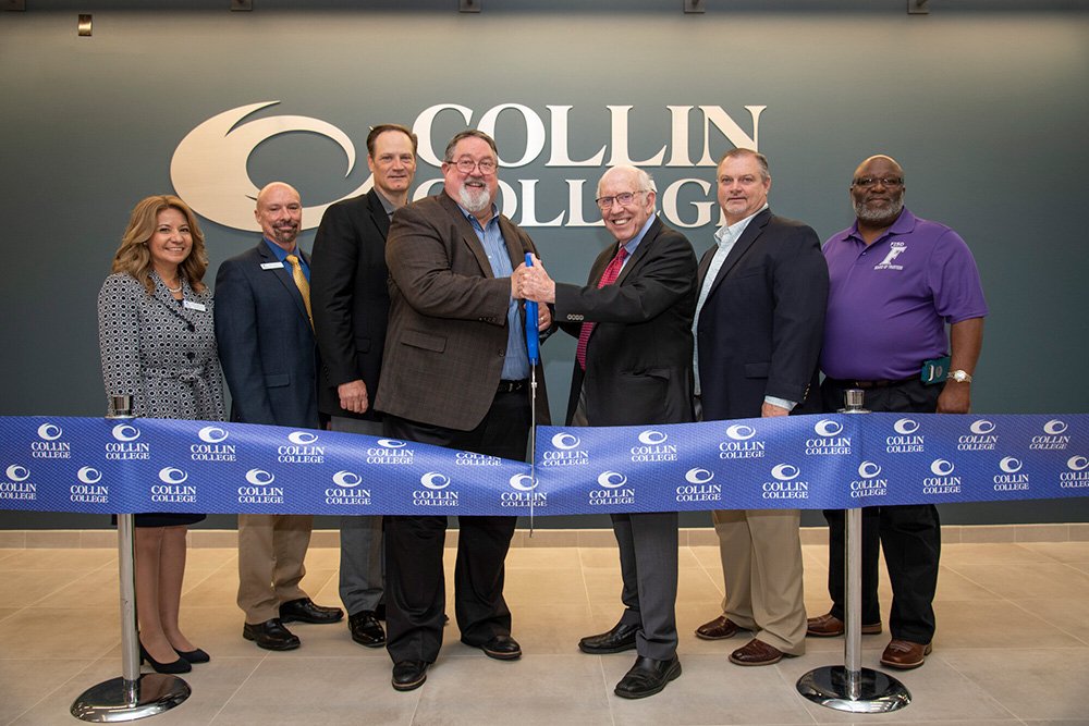 Representatives from Collin College, Farmersville ISD and the City of Farmersville were on hand for the official ribbon cutting of the college’s Farmersville campus. Pictured are (from left): Farmersville Campus Executive Dean Dr. Diana Hopes, Farmersville Campus Provost Dr. Mark Smith, Farmersville Mayor Bryon Wiebold, Collin College District President Dr. Neil Matkin, Collin College Board of Trustees Chair Dr. J. Robert Collins, Farmersville ISD Superintendent Micheal French, and Farmersville ISD Board of Trustees Vice President Paul Kelly.