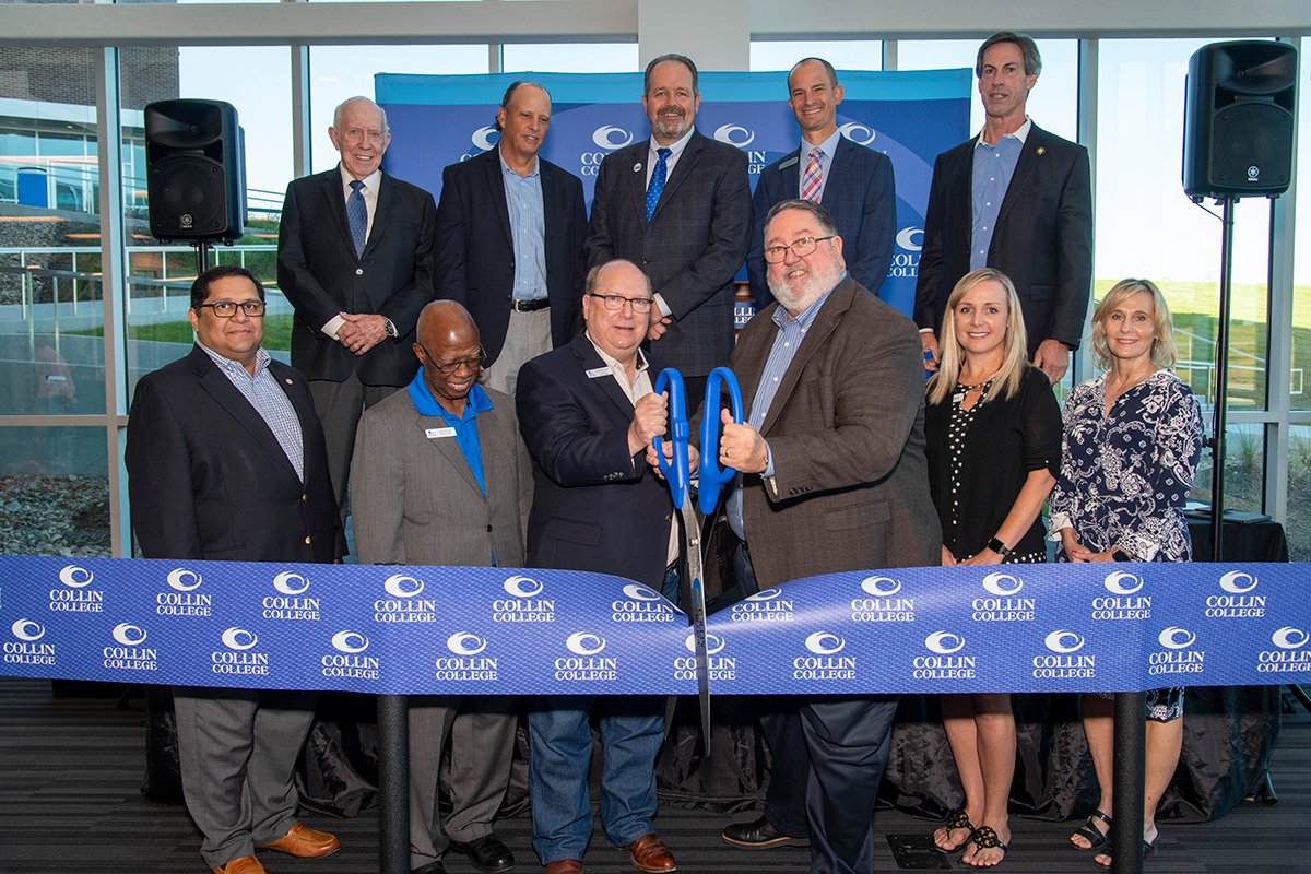 Representatives from Collin College, Celina ISD, Prosper ISD, City of Celina, and the Town of Prosper were present for the official ribbon cutting of the college’s Celina Campus. Pictured are (from top left: Collin College Board of Trustees Member Dr. Robert J. Collins, Collin College Board of Trustees Member Jay Saad, Collin College Foundation Chair David Downs, Prosper ISD Deputy Superintendent Dr. Gregory Bradley, Prosper Mayor Ray Smith, (from bottom left) Collin College Board of Trustees Member Dr. Raj Menon, Collin College Board of Trustees Member Fred Moses, Collin College Board of Trustees Chair Andrew Hardin, Collin College District President Dr. Neil Matkin, Celina Mayor Pro Tem Mindy Koehne, and Celina ISD Assistant Superintendent Lori Sitzes.