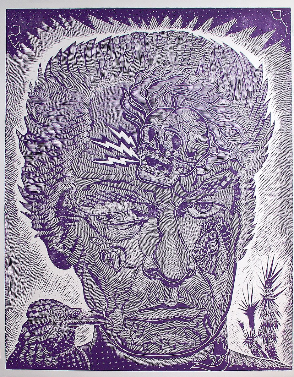 Ricky Armendariz, “Only Time Will Tell (Luis Jimenez),” wood block print ED of 5 37 x 45 2018