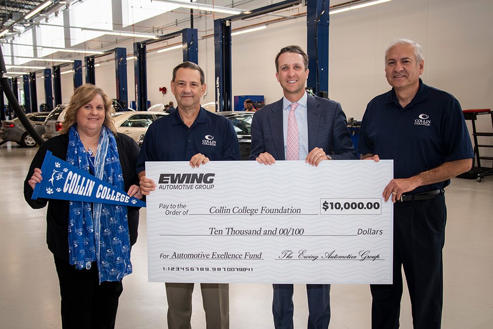 Ewing officials joined Collin College representatives at the Technical Campus to celebrate a $10,000 donation which will benefit students in the automotive program. Pictured from left are: Lisa Vasquez, Dr. Bill King, Finley Ewing IV, and Elias Alba.