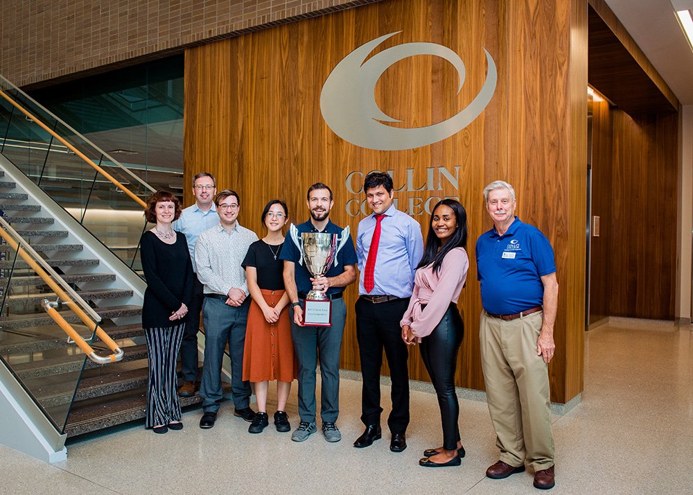 Five Collin College students made up a team that took first place in the Fifth Annual ISACA North Texas 2022 Collegiate Case Competition. Students are pictures here with their advisors and representative from ISACA. From left: Professor Alena Funtikova-White, ISACA Case Representative Jay Demmler, Mattew Daley, Nghi Nguyen, Miles McCready, Khagendra Pokharel, Mariah Hunt, and Professor Rick Brunner.