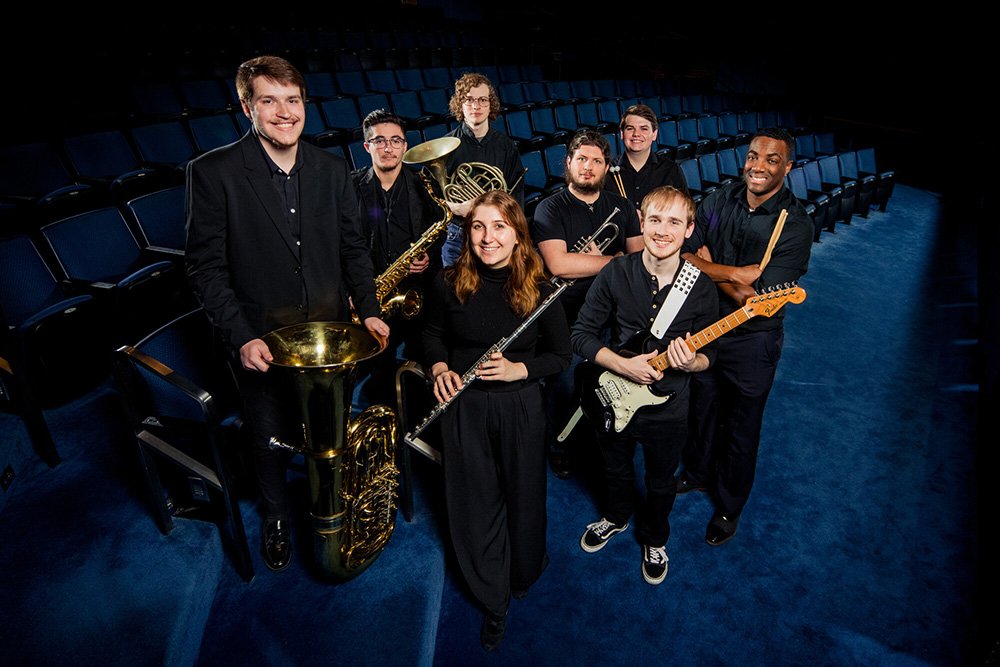 Nine Collin College music students have been named to the Texas Community College Band Directors Association (TCCBDA) All-State music ensembles for 2022-23. Students: Lucinda Gatesman, flute; Adam Plummer, trumpet; Cian McGuire, French horn; Wyatt Hayes tuba; Brandon Halsema, percussion; Wesley Price, percussion; Dawson Hatton, tenor saxophone; Jon Slaughter, guitar. Not pictured: Em Soriano, Tuba